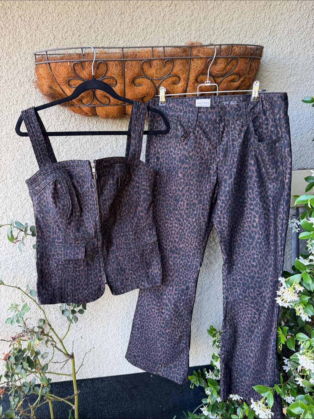 Anthropologie Pilcro Brown Leopard-Print Flare Pants with Matching Corset Top
